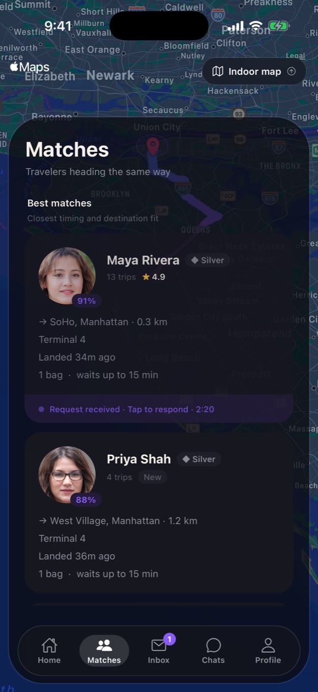 1wagon match feed: Maya Rivera 91% match with a ride request, Priya Shah 88%