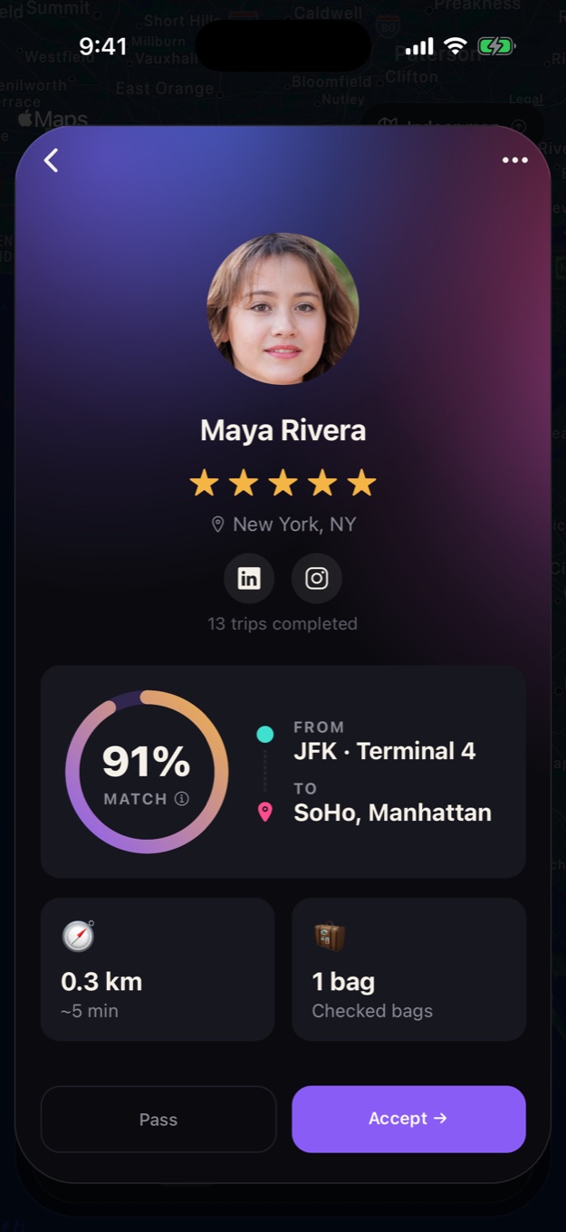 1wagon match profile: Maya, 91% match, JFK Terminal 4 to SoHo, with Accept button