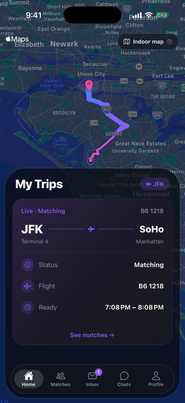 1wagon home screen: registered arrival with live trip card, flight B6 1218 from JFK Terminal 4 to SoHo over the route map